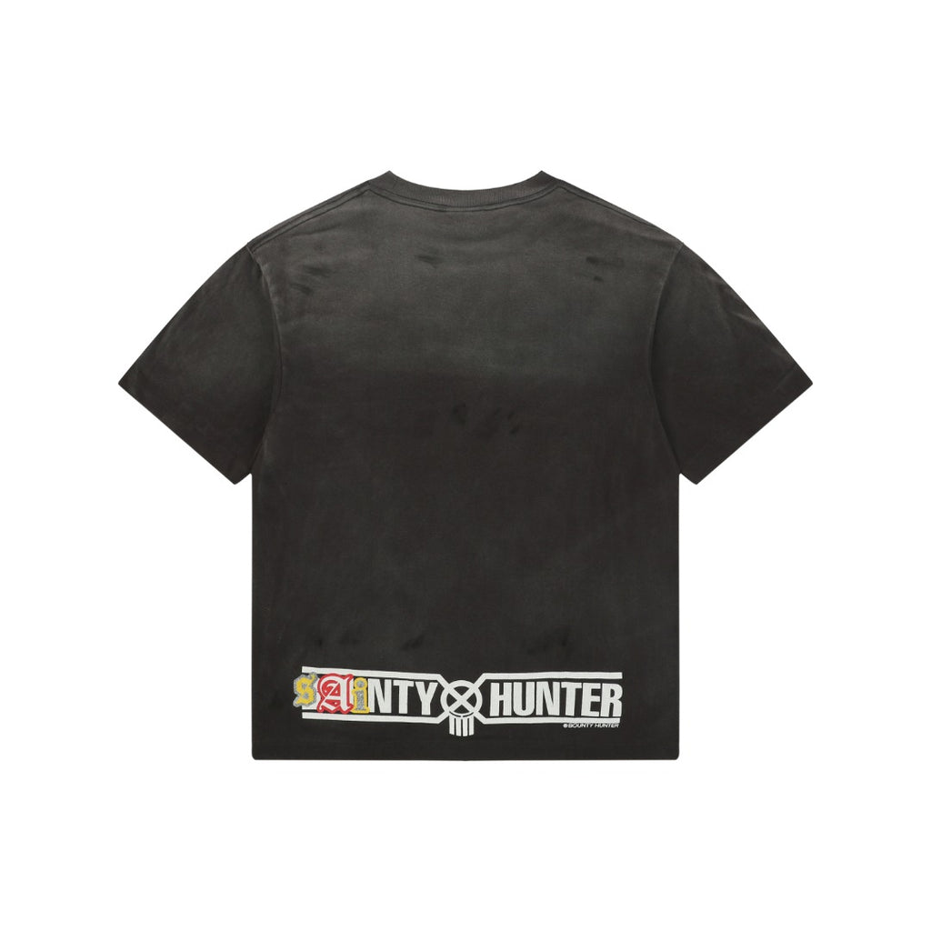 Saint Michael Sainty Hunter 6662 Skull Middle Finger Print Short Sleeve Tee — Vintage Black