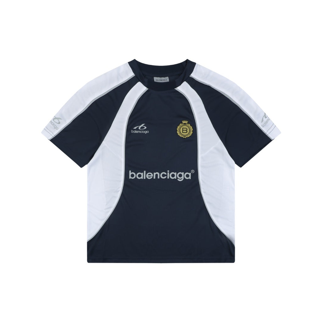 Balenciaga Wheat Crest B Soccer Jersey Short Sleeve Tee — Navy White