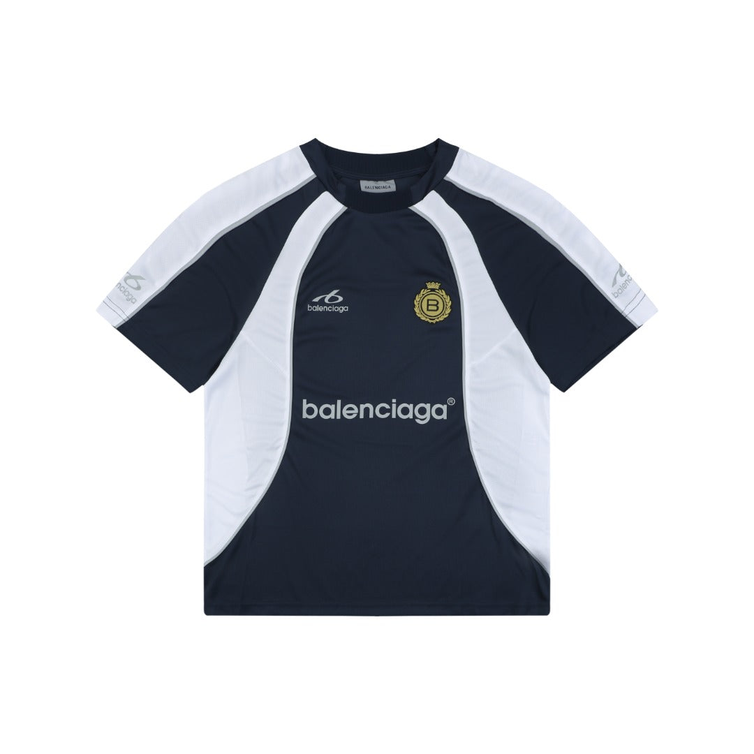 Balenciaga Wheat Crest B Soccer Jersey Short Sleeve Tee — Navy White