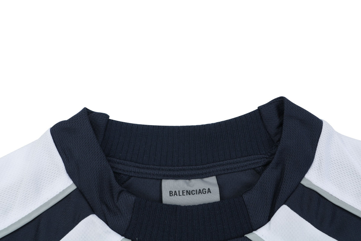 Balenciaga Wheat Crest B Soccer Jersey Short Sleeve Tee — Navy White