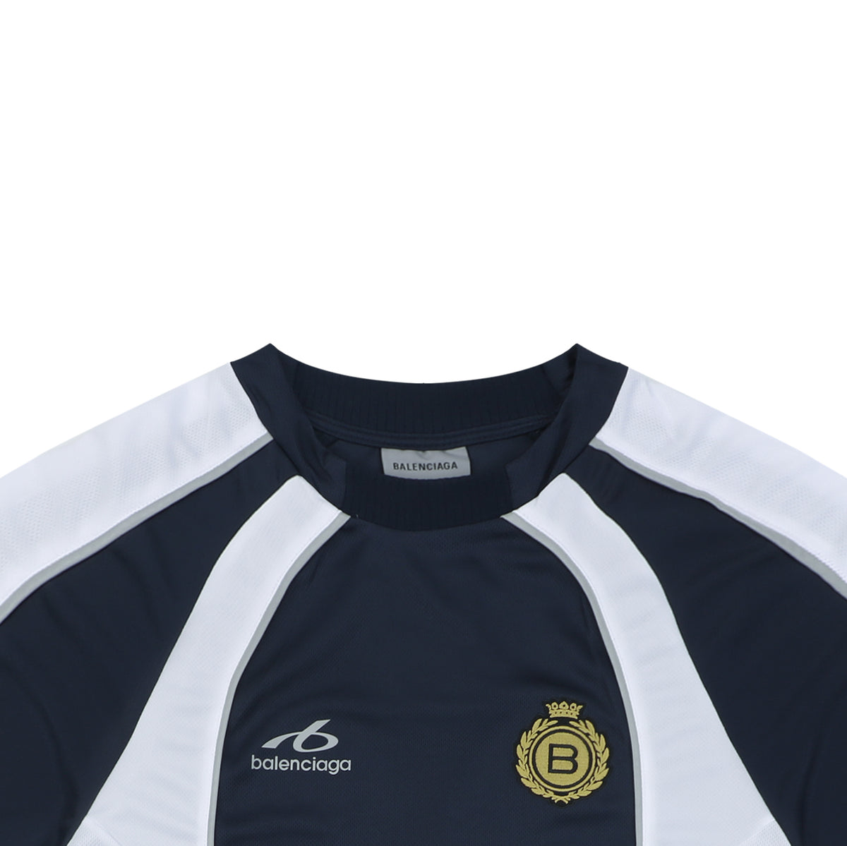Balenciaga Wheat Crest B Soccer Jersey Short Sleeve Tee — Navy White