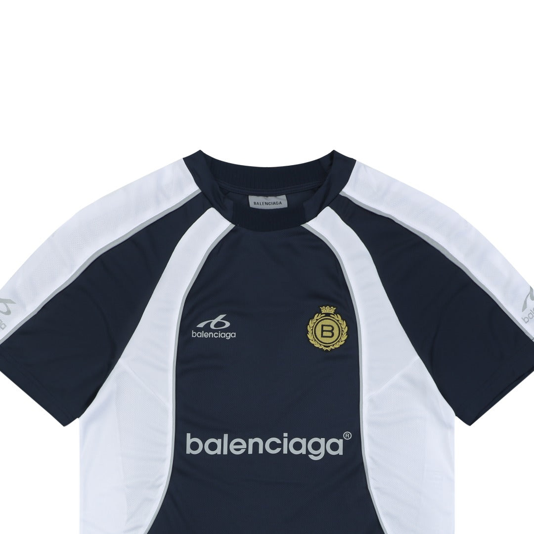 Balenciaga Wheat Crest B Soccer Jersey Short Sleeve Tee — Navy White