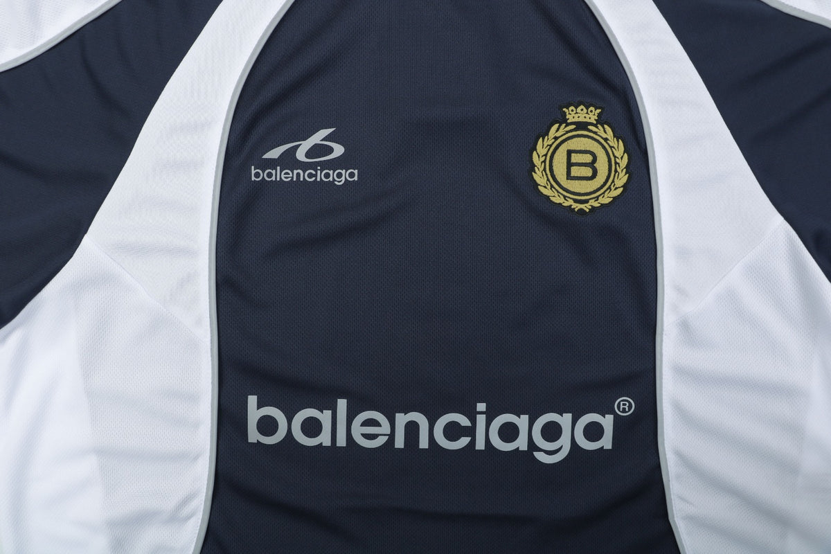 Balenciaga Wheat Crest B Soccer Jersey Short Sleeve Tee — Navy White