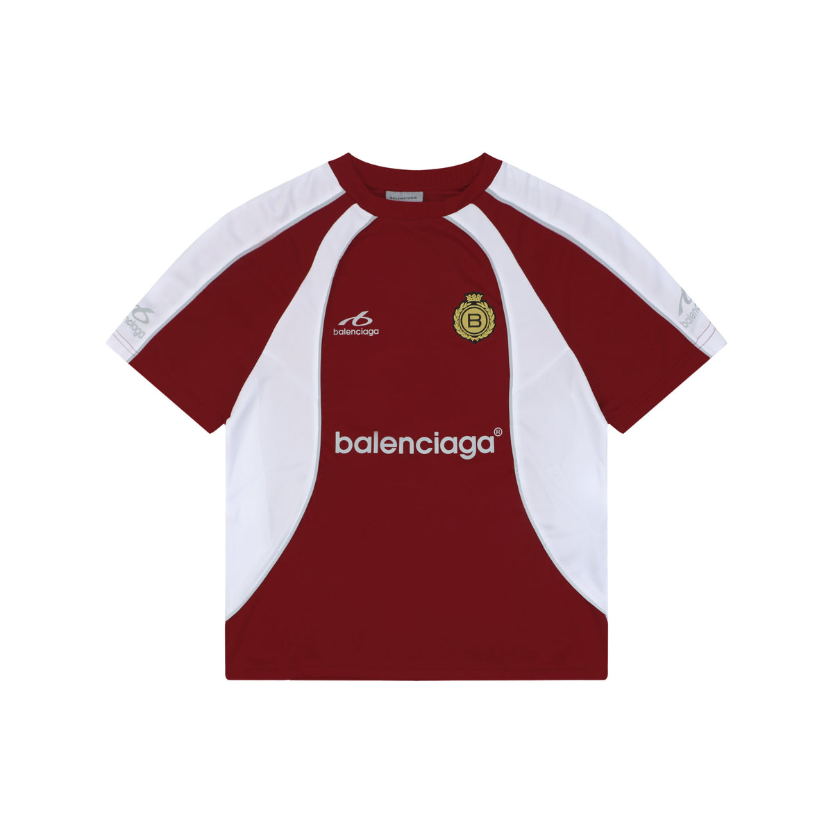 Balenciaga Wheat Crest B Soccer Jersey Short Sleeve Tee — Burgundy White