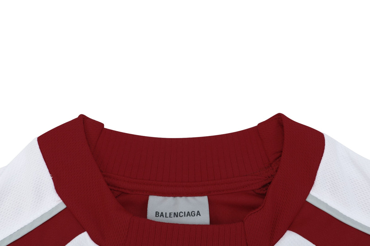 Balenciaga Wheat Crest B Soccer Jersey Short Sleeve Tee — Burgundy White
