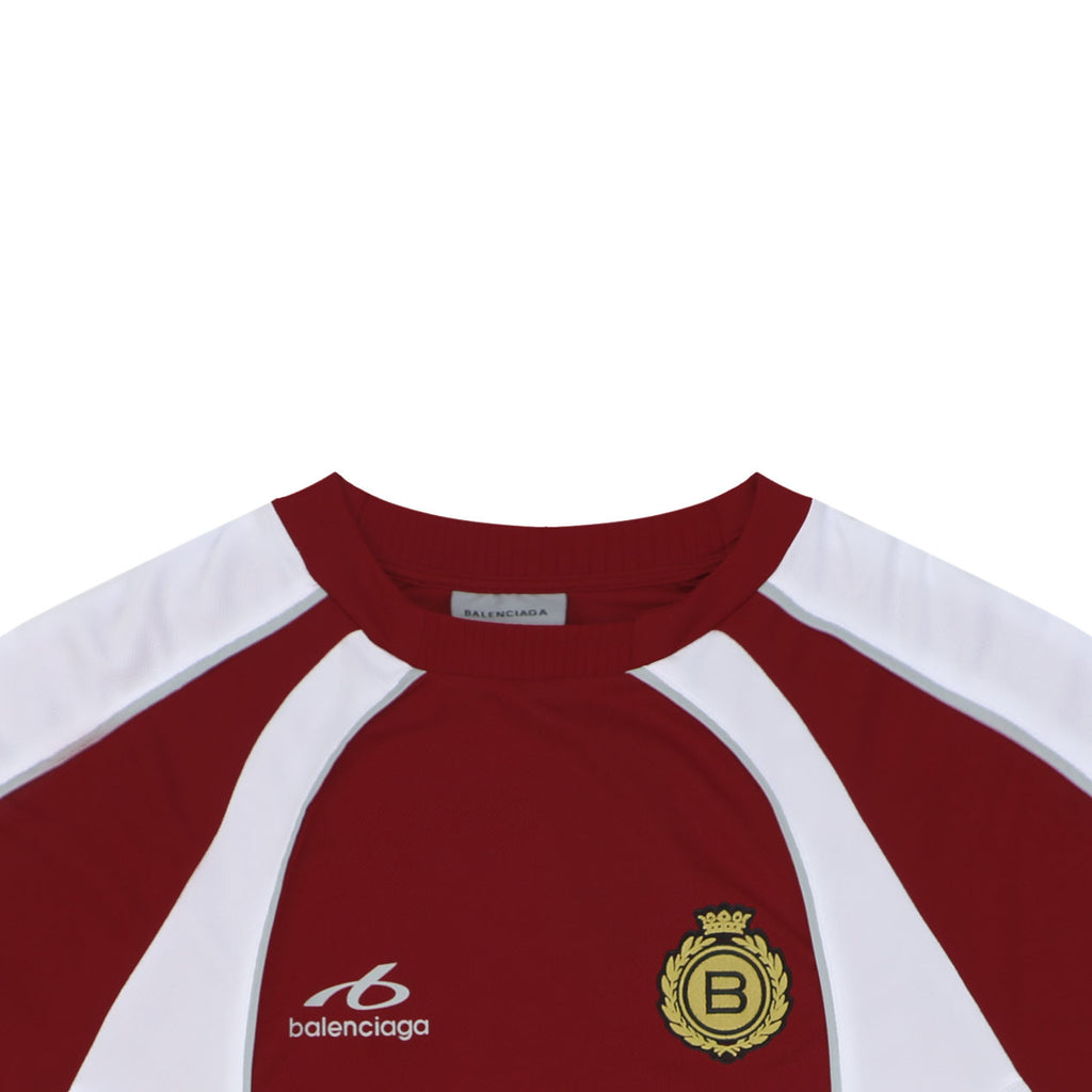 Balenciaga Wheat Crest B Soccer Jersey Short Sleeve Tee — Burgundy White