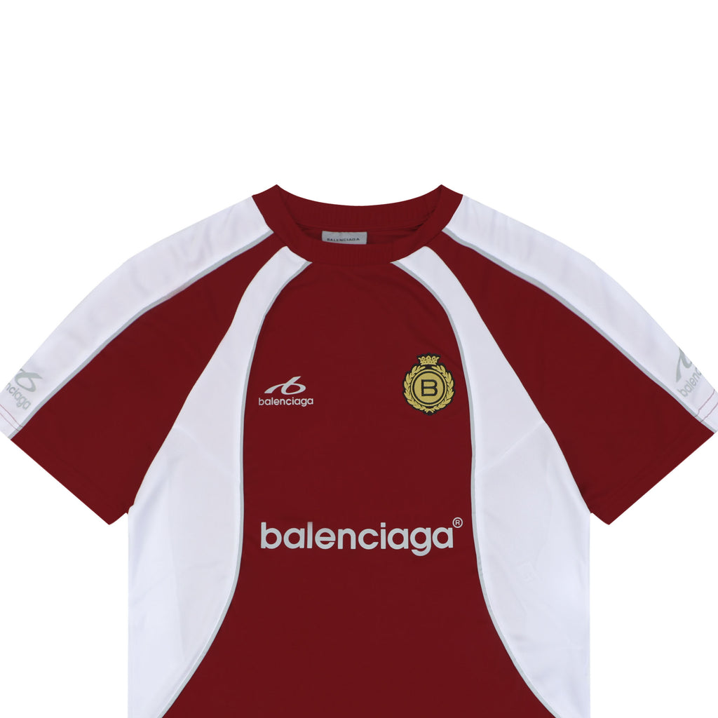 Balenciaga Wheat Crest B Soccer Jersey Short Sleeve Tee — Burgundy White