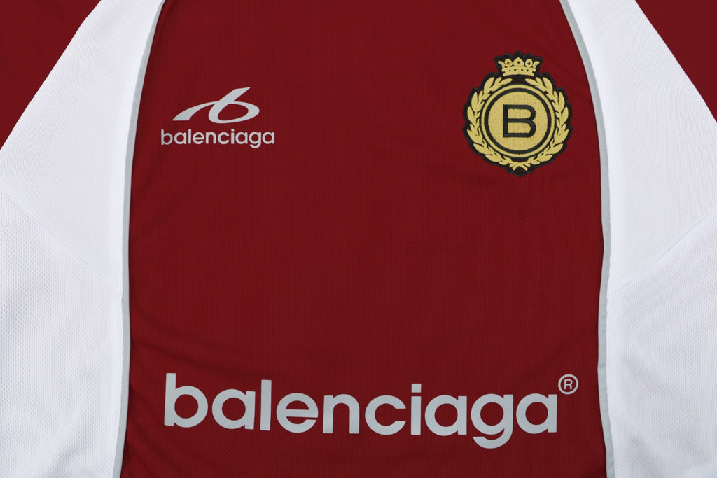 Balenciaga Wheat Crest B Soccer Jersey Short Sleeve Tee — Burgundy White