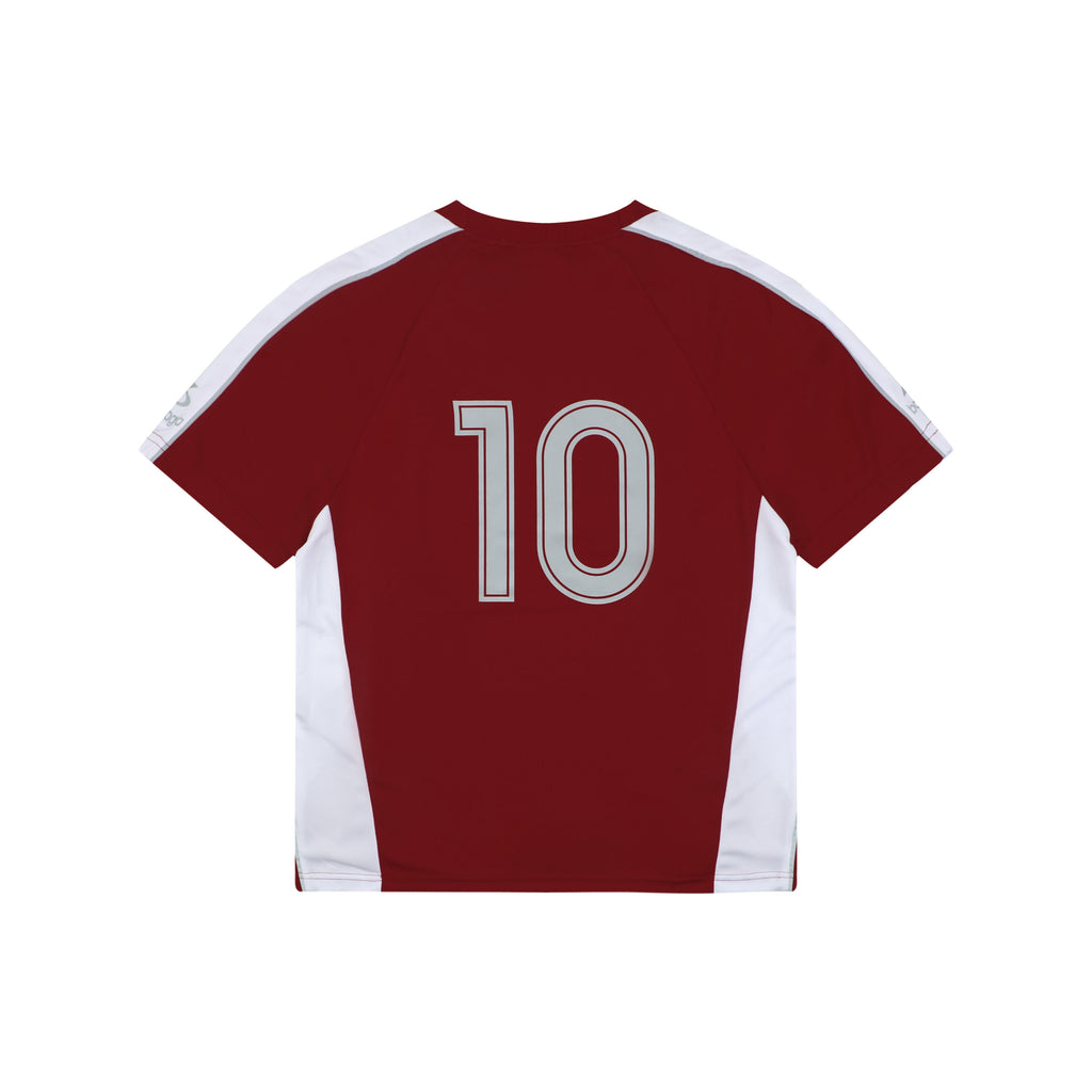 Balenciaga Wheat Crest B Soccer Jersey Short Sleeve Tee — Burgundy White