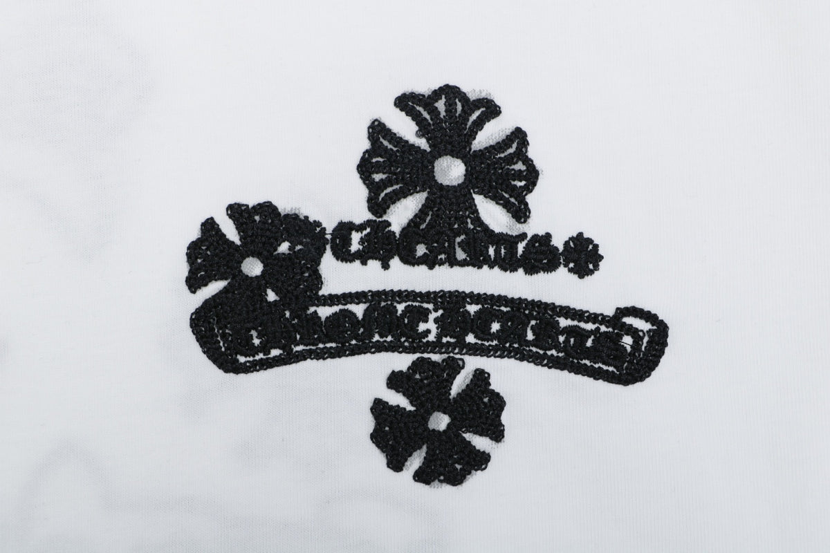 Chrome Hearts Stitch Cross Floral Embroidered Short Sleeve Tee — White