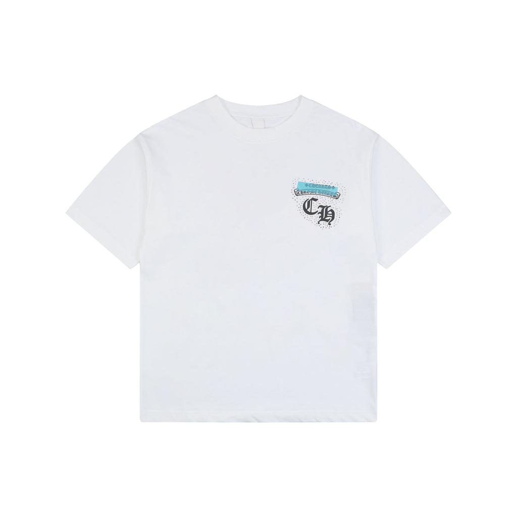 Chrome Hearts Sanskrit Scroll Horseshoe Crest Print Short Sleeve Tee — White Teal