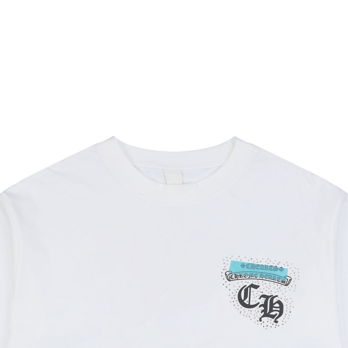 Chrome Hearts Sanskrit Scroll Horseshoe Crest Print Short Sleeve Tee — White Teal