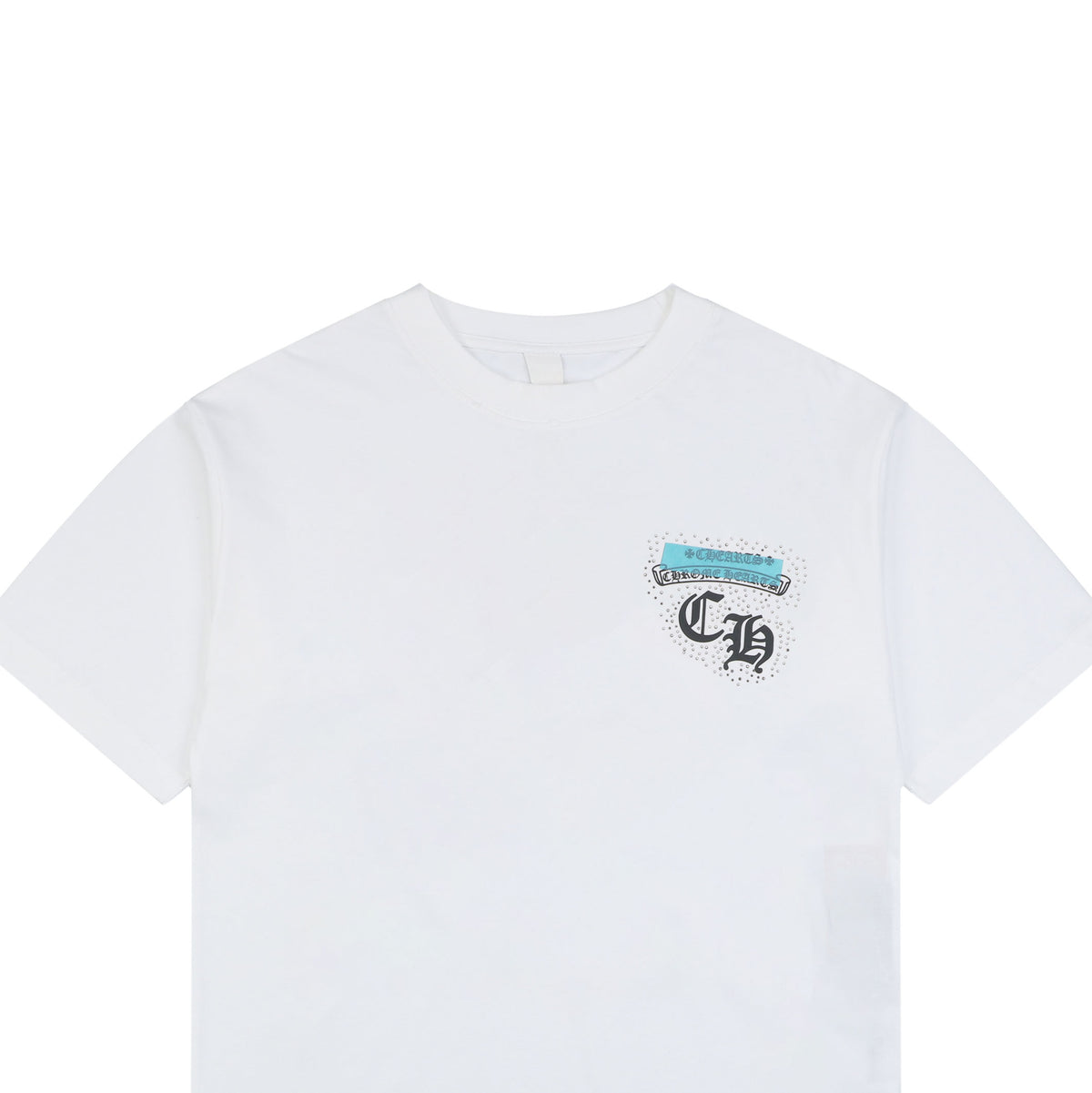 Chrome Hearts Sanskrit Scroll Horseshoe Crest Print Short Sleeve Tee — White Teal