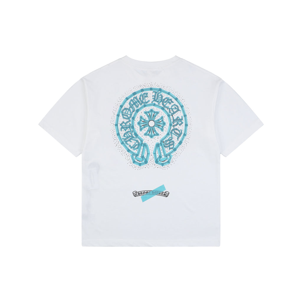 Chrome Hearts Sanskrit Scroll Horseshoe Crest Print Short Sleeve Tee — White Teal