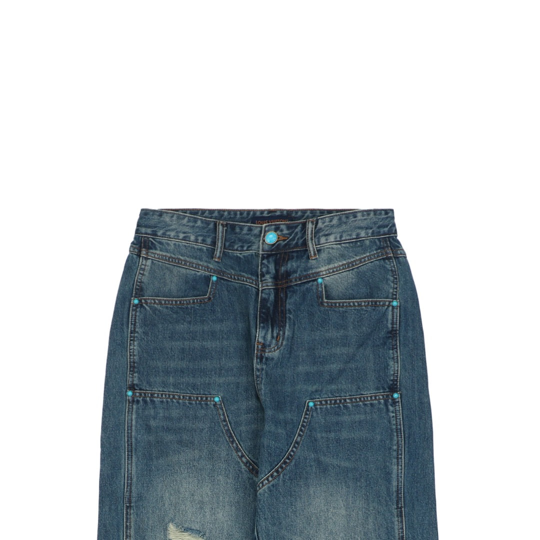 Louis Vuitton 24FW Turquoise Button Washed Cargo Denim Jeans — Indigo