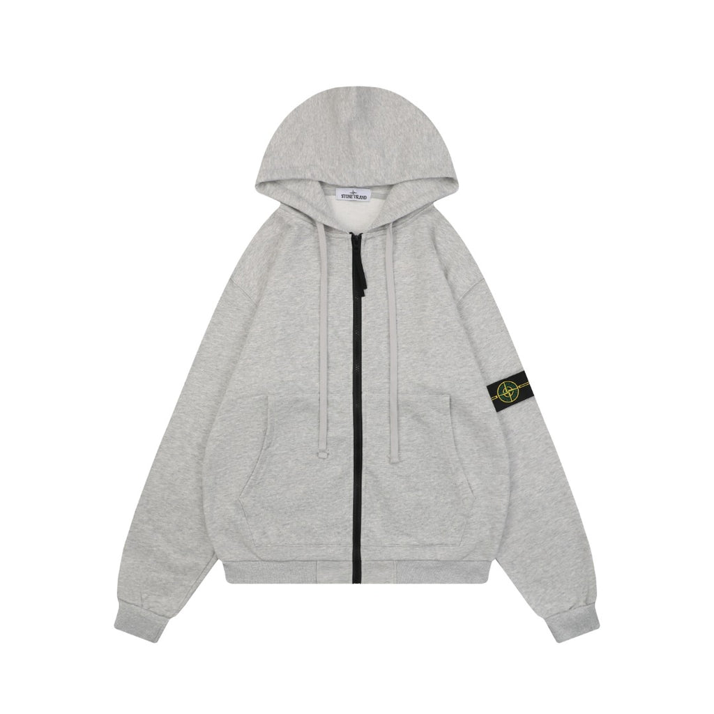 Stone Island Arm Badge Zip Hoodie — Light Grey