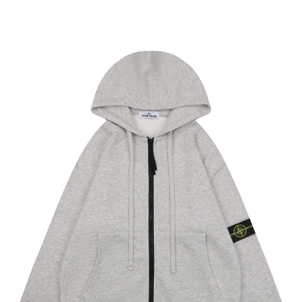 Stone Island Arm Badge Zip Hoodie — Light Grey