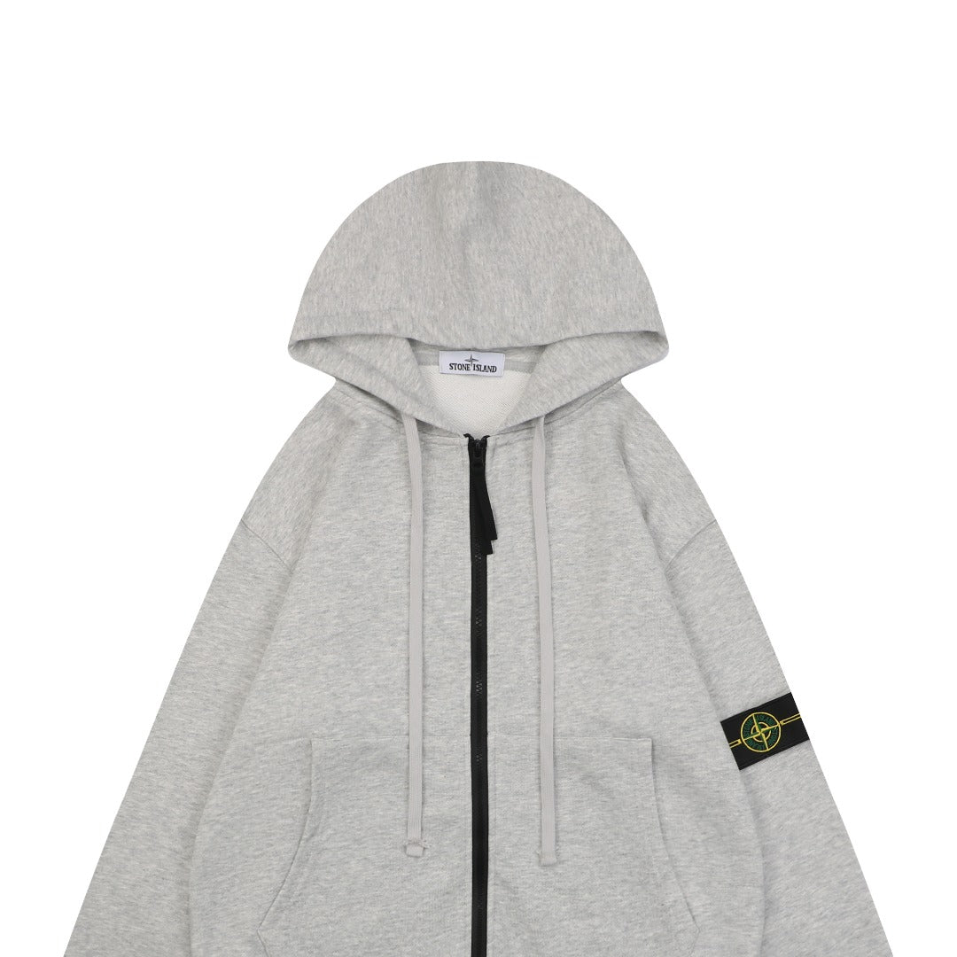 Stone Island Arm Badge Zip Hoodie — Light Grey