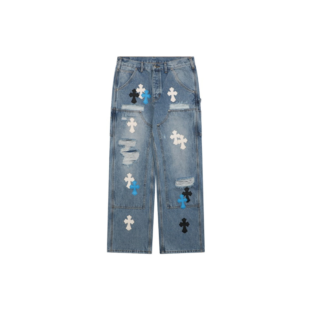 Chrome Hearts Cross Leather Patch Distressed Lumberjack Jeans — Black White Blue