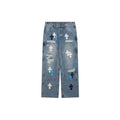 Chrome Hearts Cross Leather Patch Distressed Lumberjack Jeans — Black White Blue