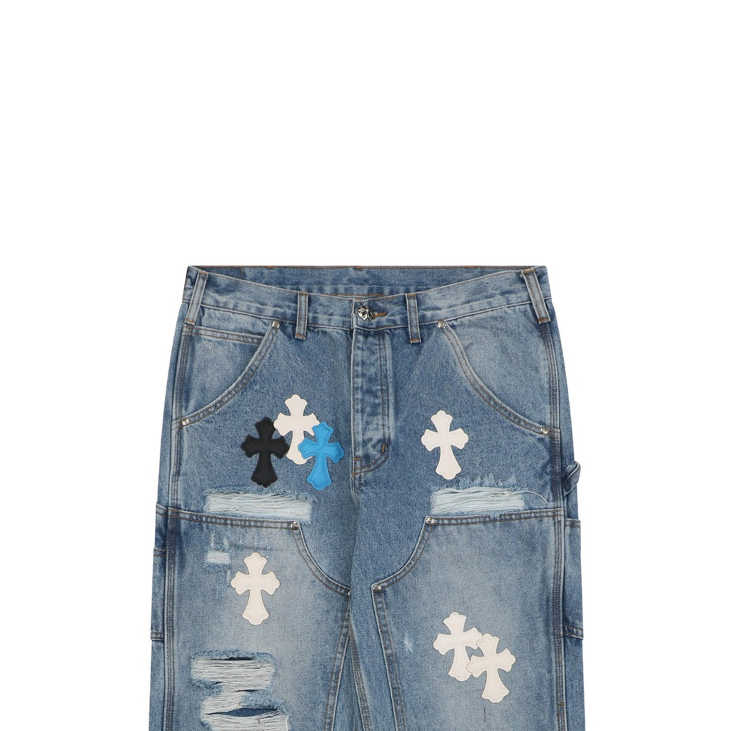 Chrome Hearts Cross Leather Patch Distressed Lumberjack Jeans — Black White Blue
