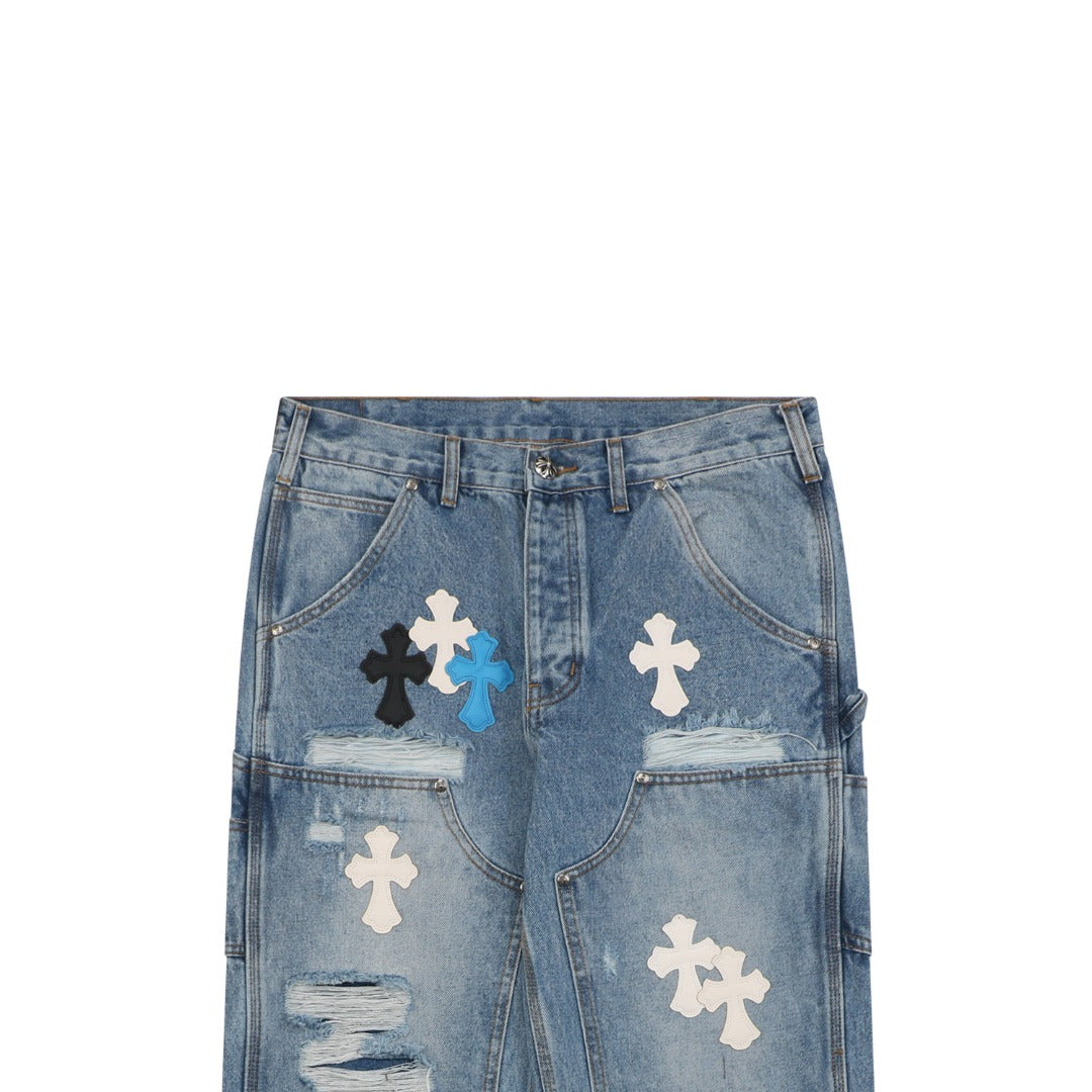 Chrome Hearts Cross Leather Patch Distressed Lumberjack Jeans — Black White Blue