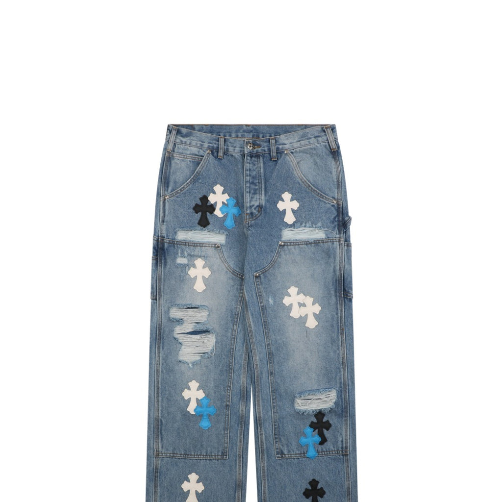 Chrome Hearts Cross Leather Patch Distressed Lumberjack Jeans — Black White Blue