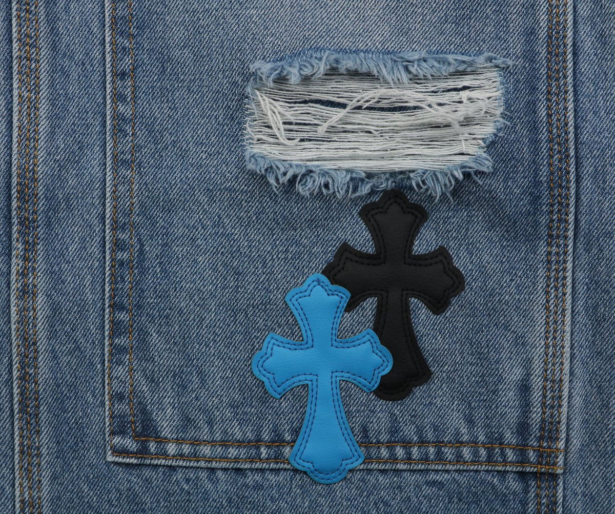 Chrome Hearts Cross Leather Patch Distressed Lumberjack Jeans — Black White Blue