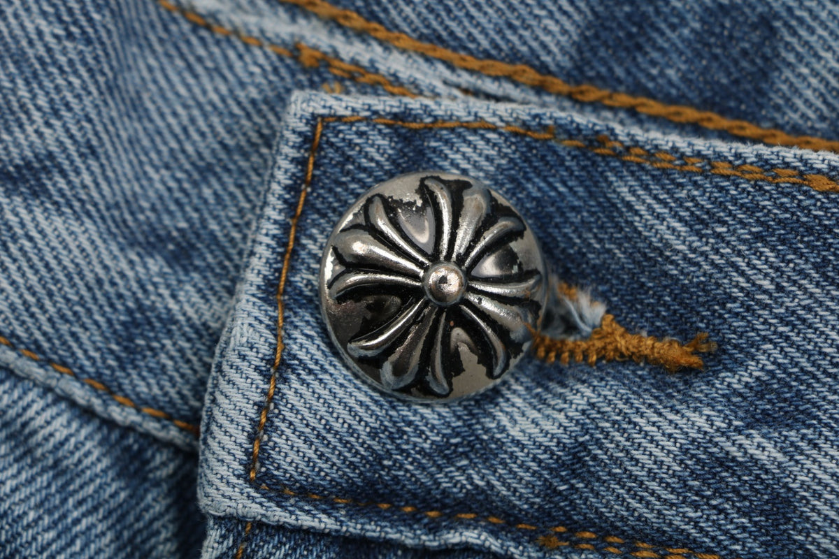 Chrome Hearts Cross Leather Patch Distressed Lumberjack Jeans — Black White Blue