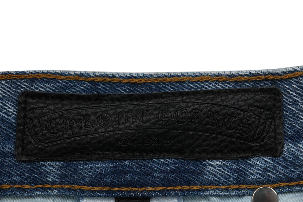 Chrome Hearts Cross Leather Patch Distressed Lumberjack Jeans — Black White Blue