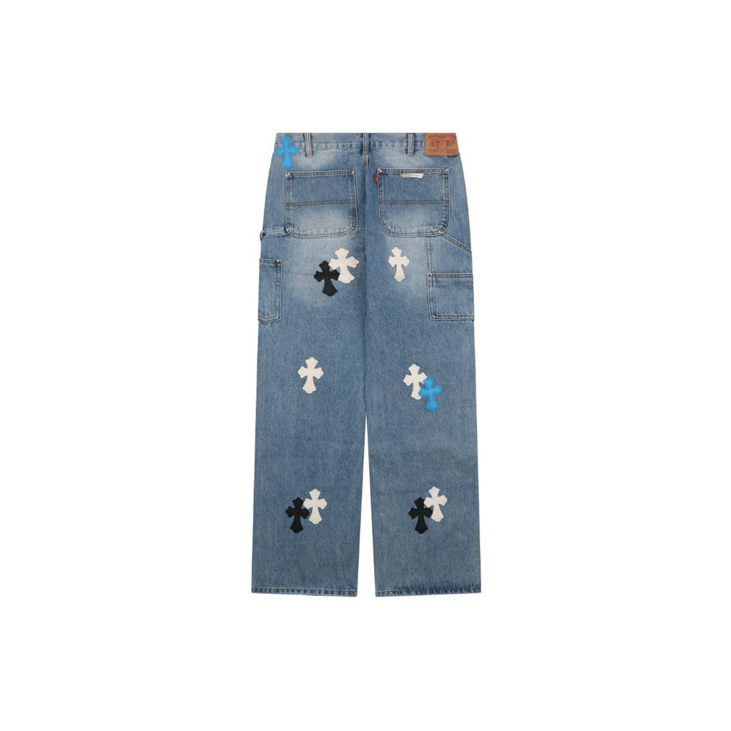 Chrome Hearts Cross Leather Patch Distressed Lumberjack Jeans — Black White Blue