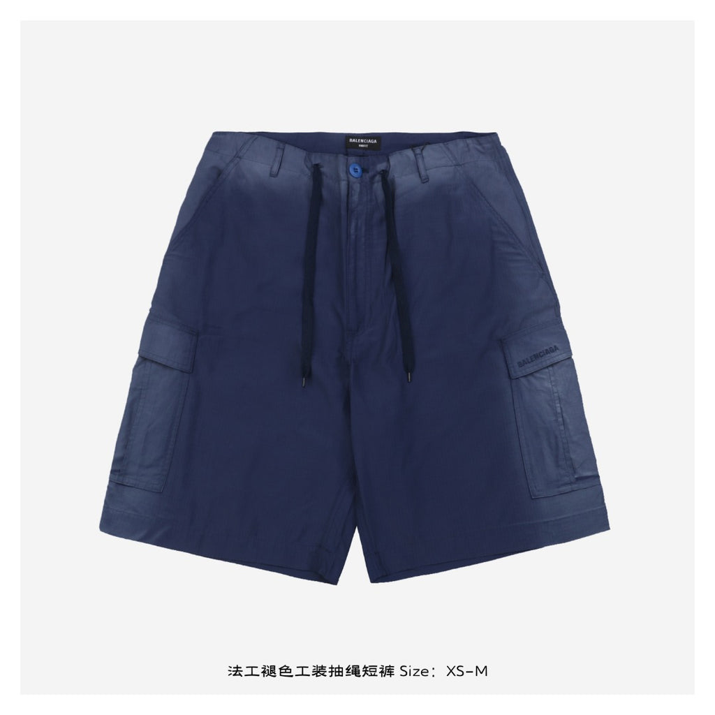 Balenciaga 25SS French Workwear Faded Cargo Drawstring Shorts — Navy
