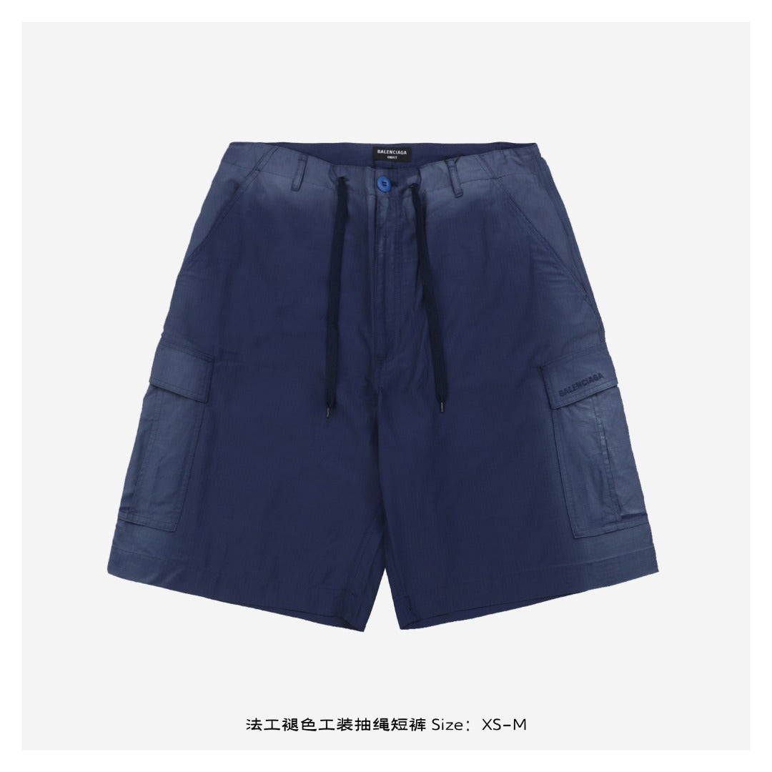 Balenciaga 25SS French Workwear Faded Cargo Drawstring Shorts — Navy