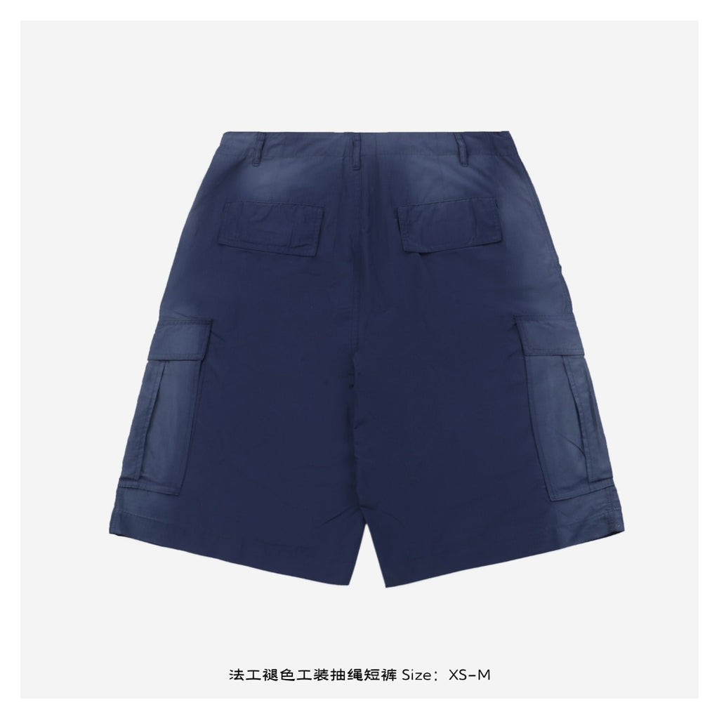 Balenciaga 25SS French Workwear Faded Cargo Drawstring Shorts — Navy