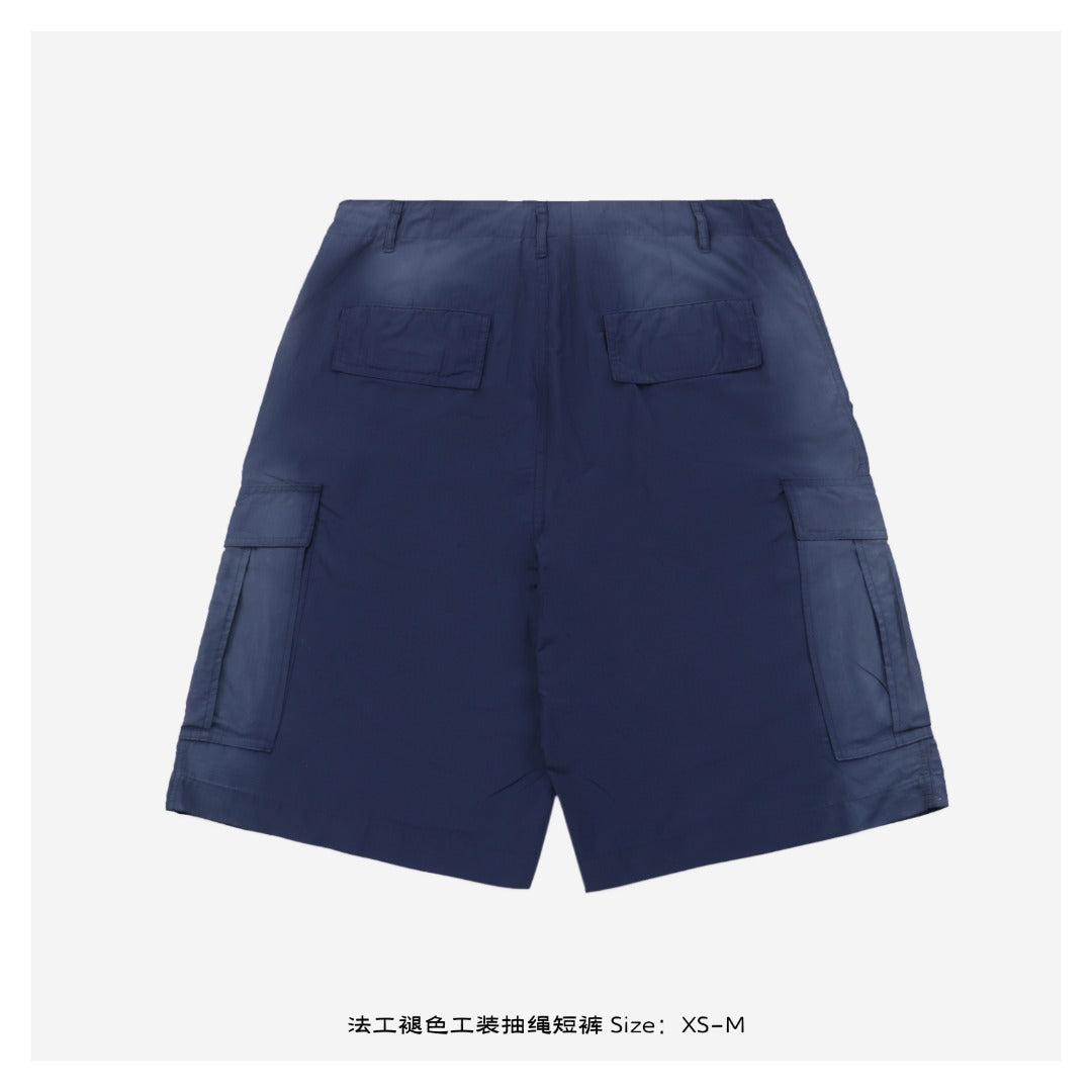 Balenciaga 25SS French Workwear Faded Cargo Drawstring Shorts — Navy