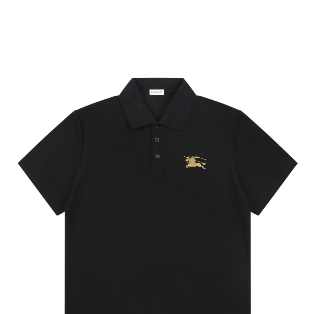 Burberry Equestrian Knight Embroidered Short Sleeve Polo — Black