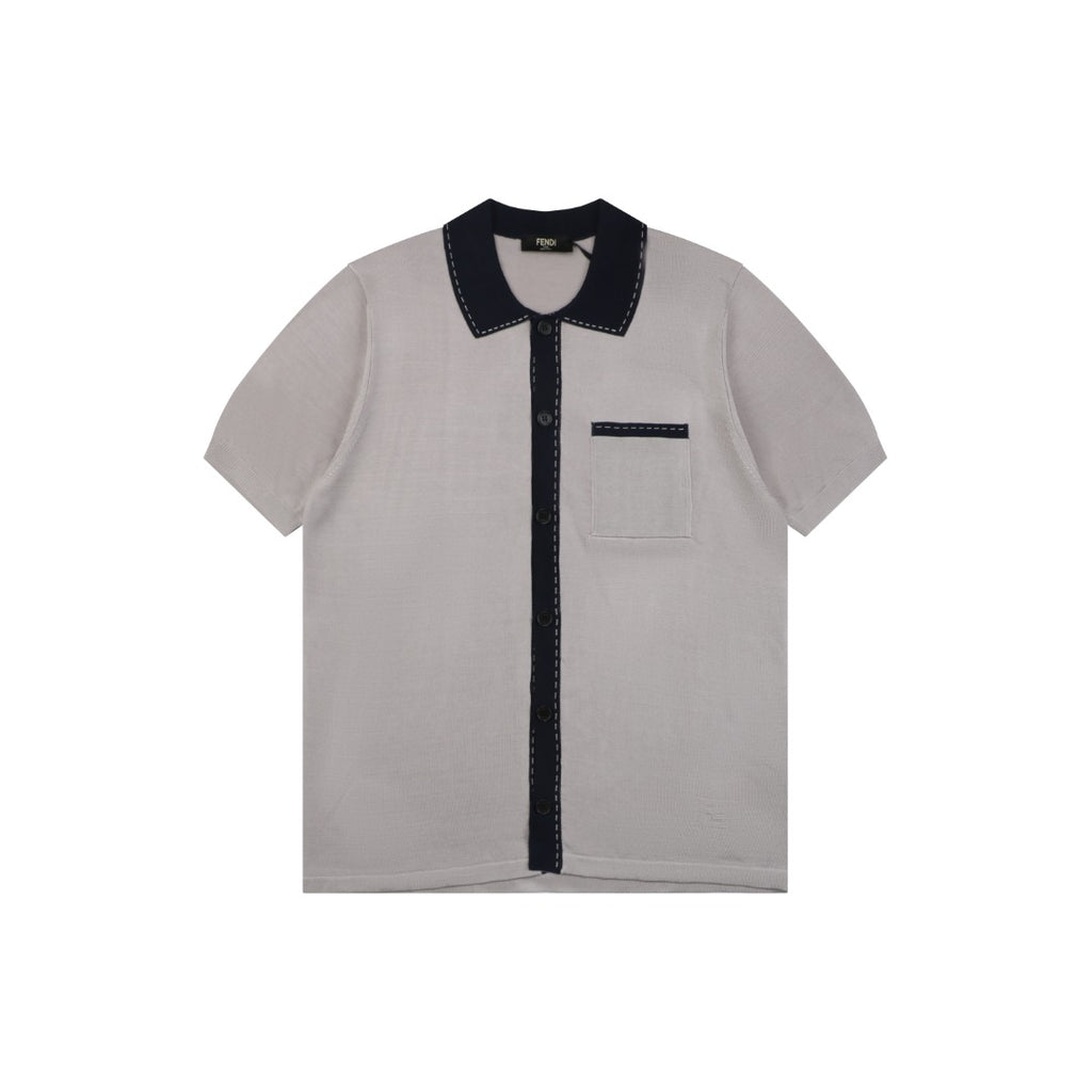 Fendi FF Colorblock Placket Short Sleeve Shirt — Stone Grey Black