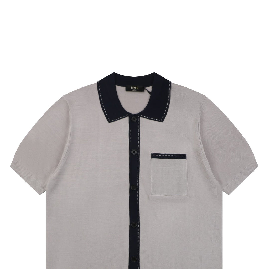 Fendi FF Colorblock Placket Short Sleeve Shirt — Stone Grey Black