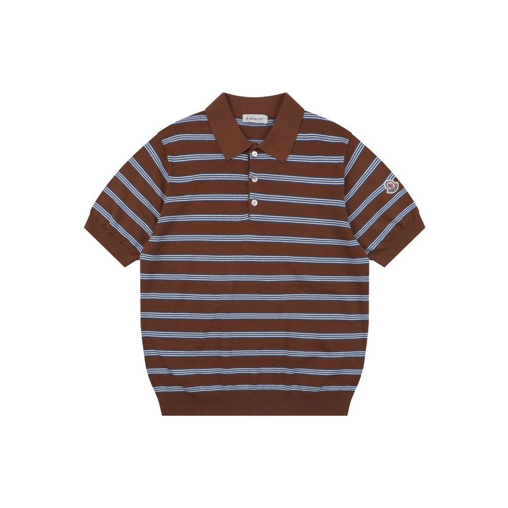 Moncler Stripe Jacquard M Badge Short Sleeve Polo — Brown Blue