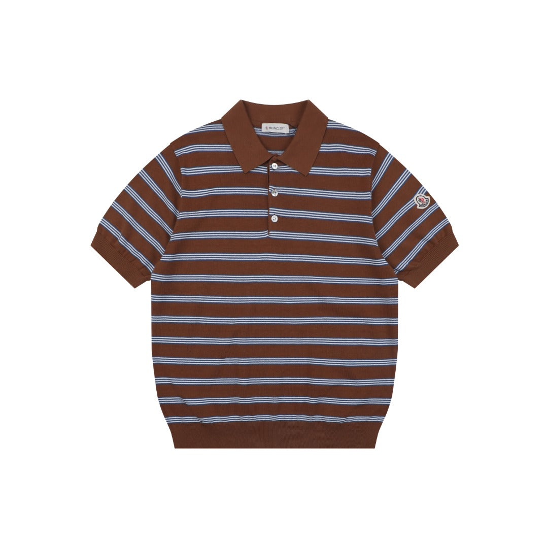 Moncler Stripe Jacquard M Badge Short Sleeve Polo — Brown Blue