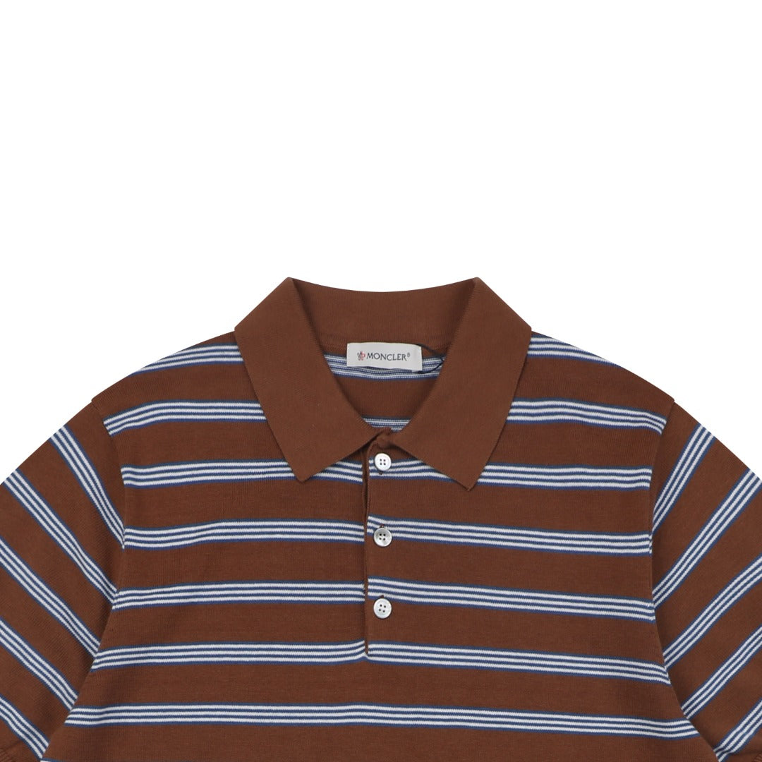 Moncler Stripe Jacquard M Badge Short Sleeve Polo — Brown Blue