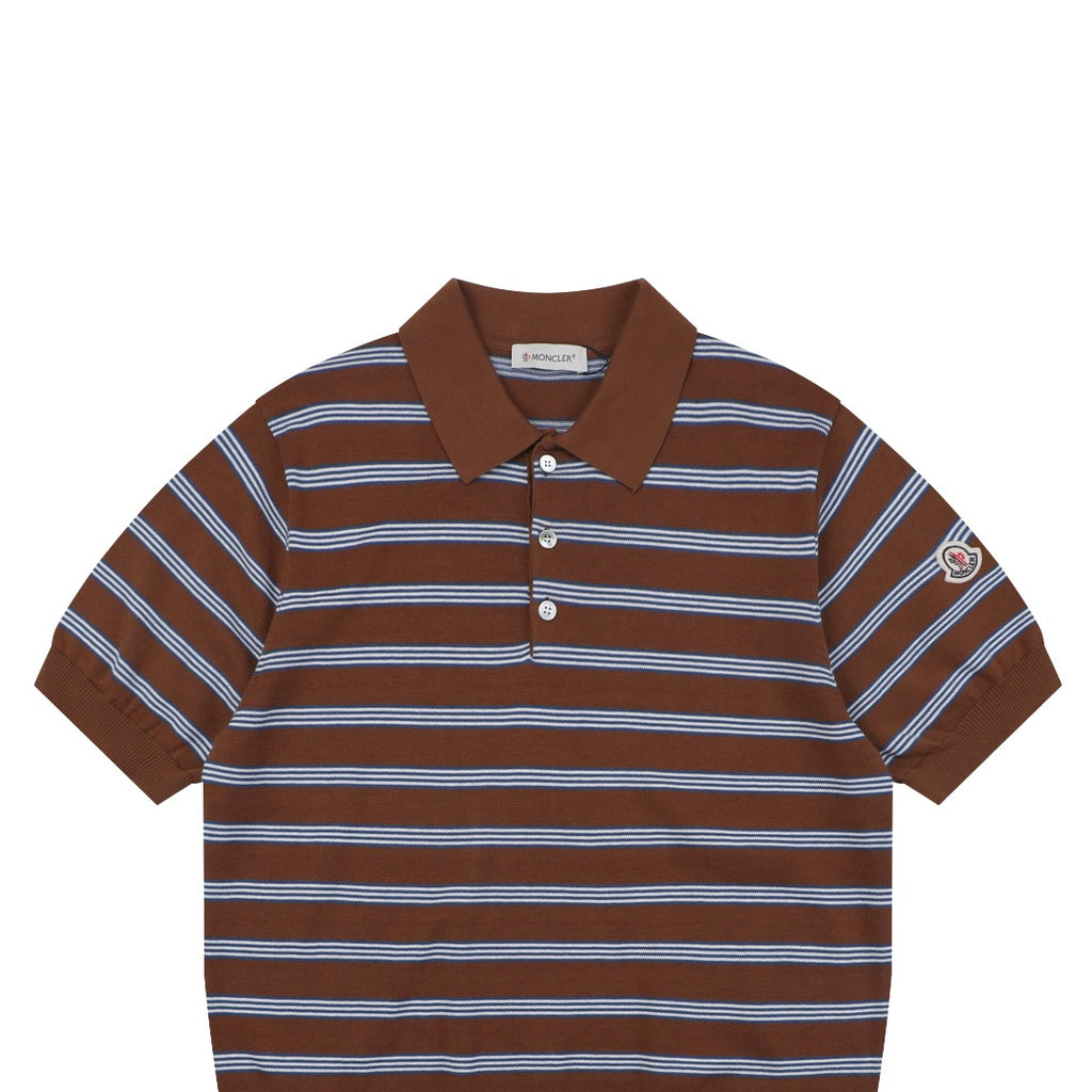 Moncler Stripe Jacquard M Badge Short Sleeve Polo — Brown Blue