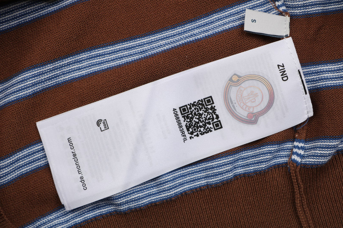 Moncler Stripe Jacquard M Badge Short Sleeve Polo — Brown Blue
