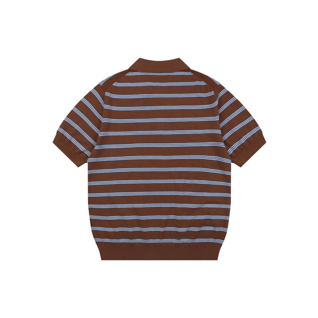 Moncler Stripe Jacquard M Badge Short Sleeve Polo — Brown Blue