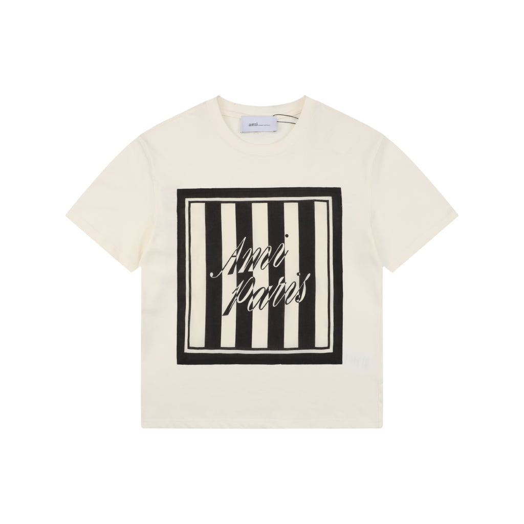 Ami Paris Stripe Box Signature Script Print Short Sleeve Tee — Off White