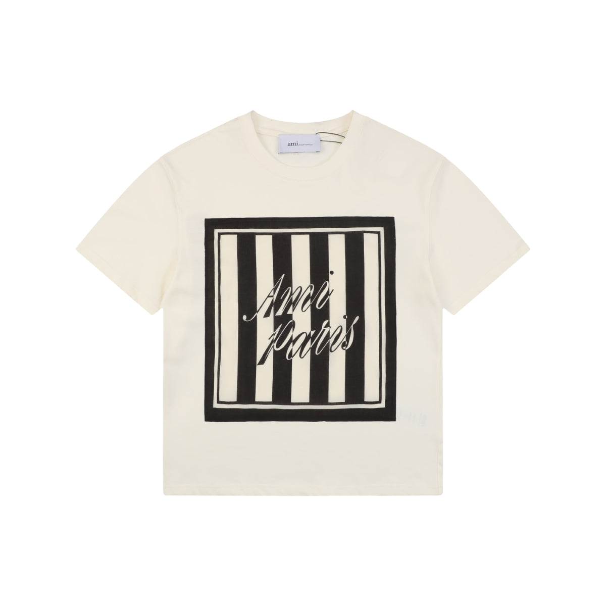 Ami Paris Stripe Box Signature Script Print Short Sleeve Tee — Off White