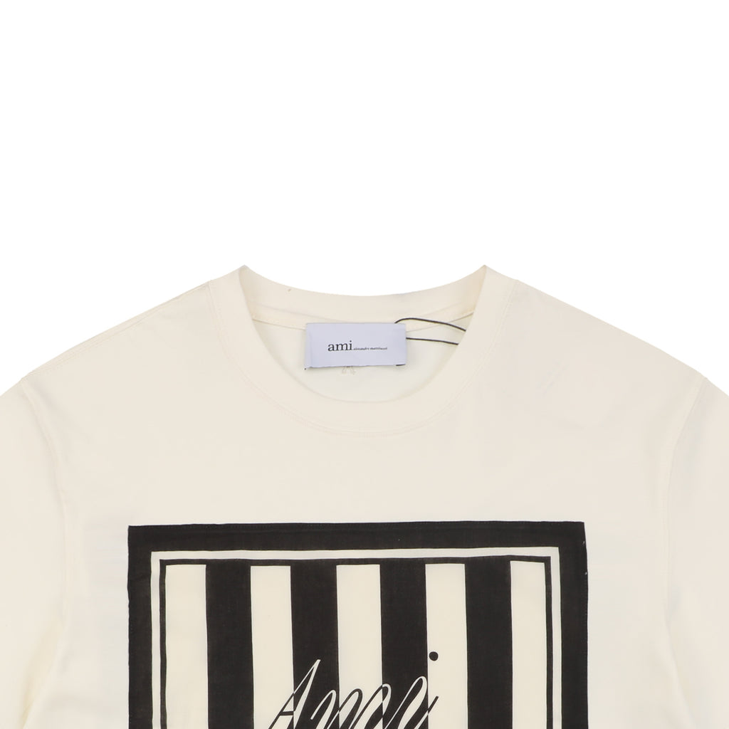 Ami Paris Stripe Box Signature Script Print Short Sleeve Tee — Off White