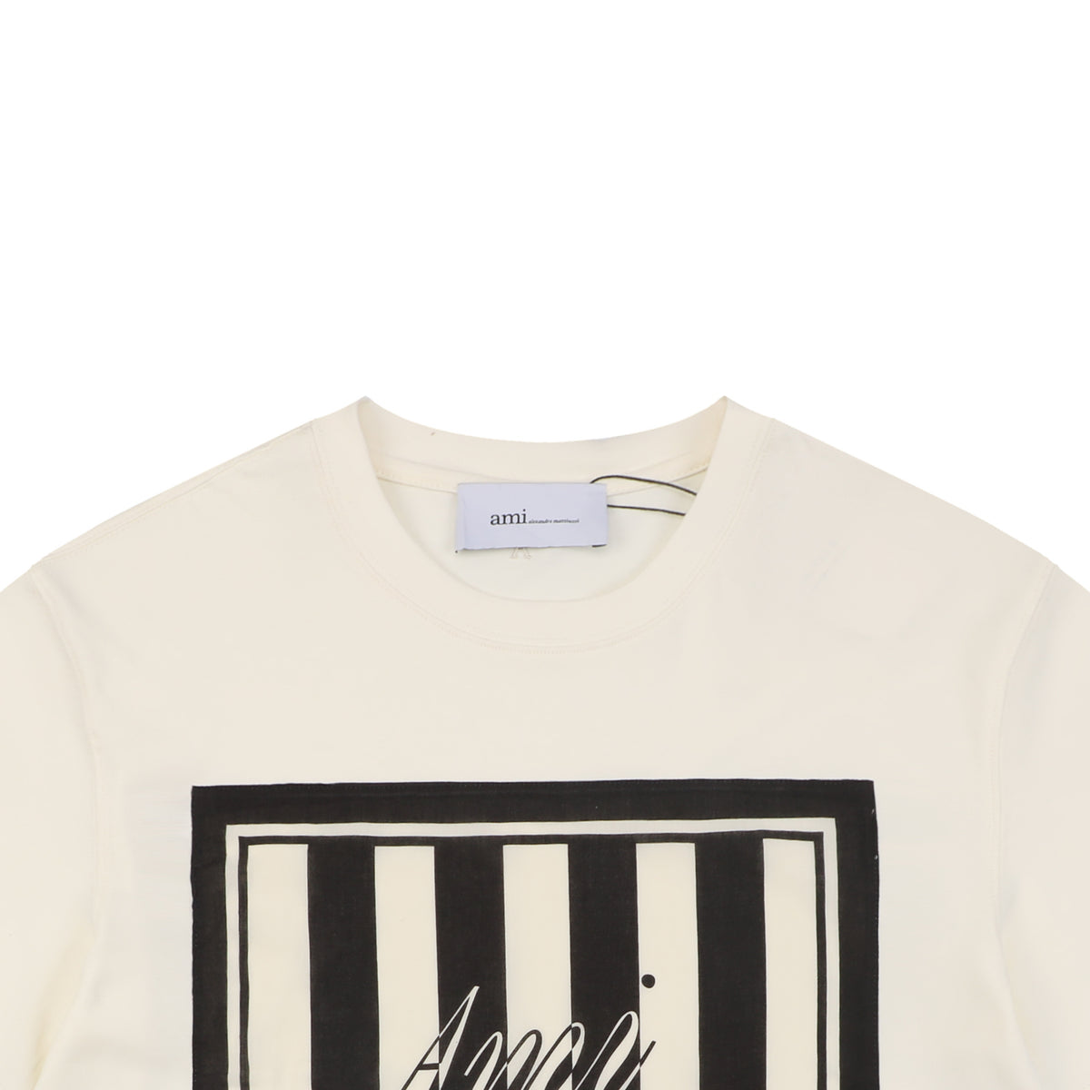 Ami Paris Stripe Box Signature Script Print Short Sleeve Tee — Off White