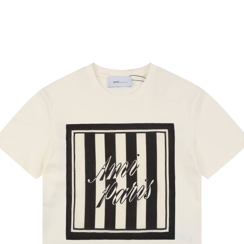 Ami Paris Stripe Box Signature Script Print Short Sleeve Tee — Off White