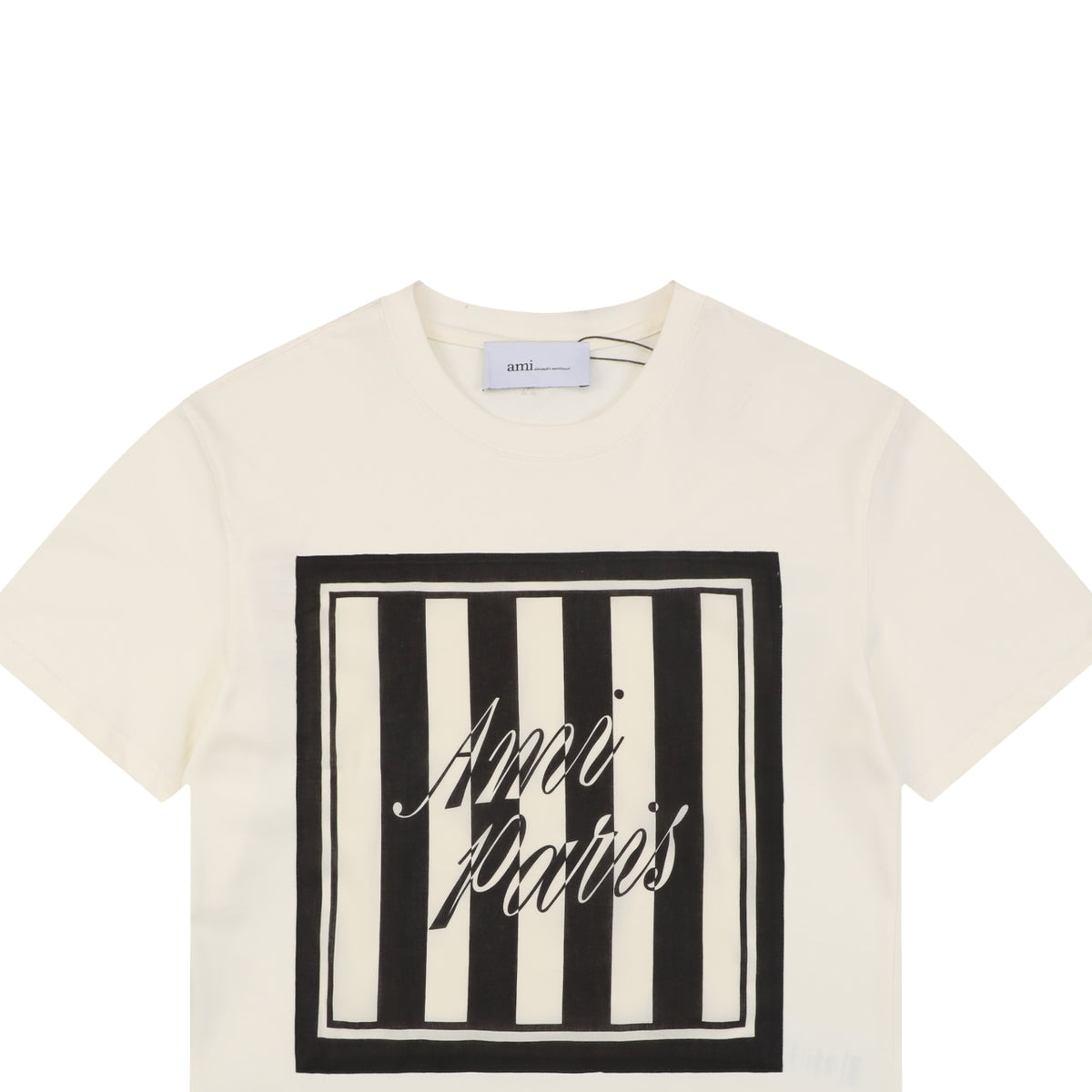 Ami Paris Stripe Box Signature Script Print Short Sleeve Tee — Off White